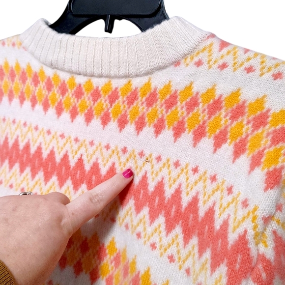 J. Crew Pink Orange Geometric Stripe Cashmere Crew Sweater Women's Size Medium - Picture 6 of 10